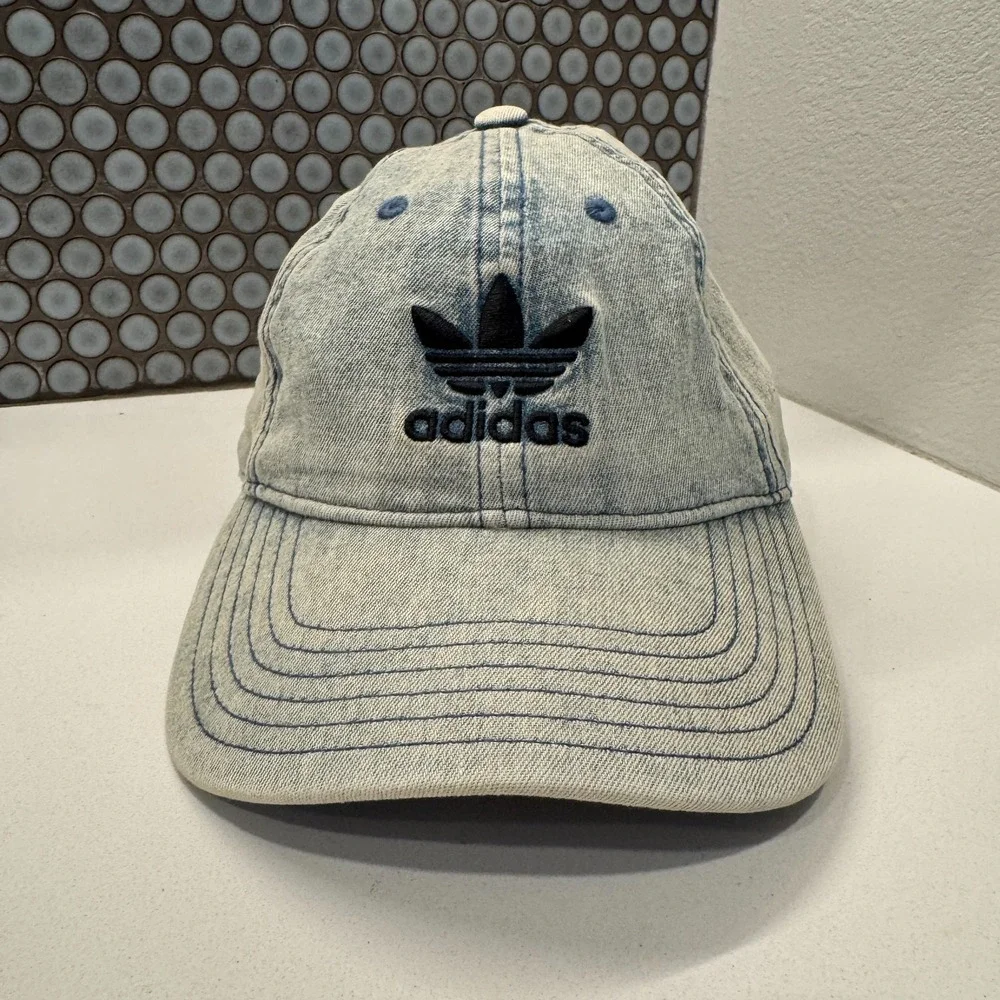 Adidas Hat Cap‎ Blue Denim Acid Wash Retro 90s Trefoil Logo Strapback Baseball